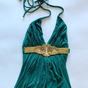 Emerald Green Heavily Bedazzled Soft “Sky” Party Top, Sky brand SZ XS Gold Belt